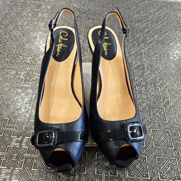 🐢 Cole Haan Black Snake Skin Adjustable Strap  Buckle Open Toed Pump 10B - Picture 1 of 16